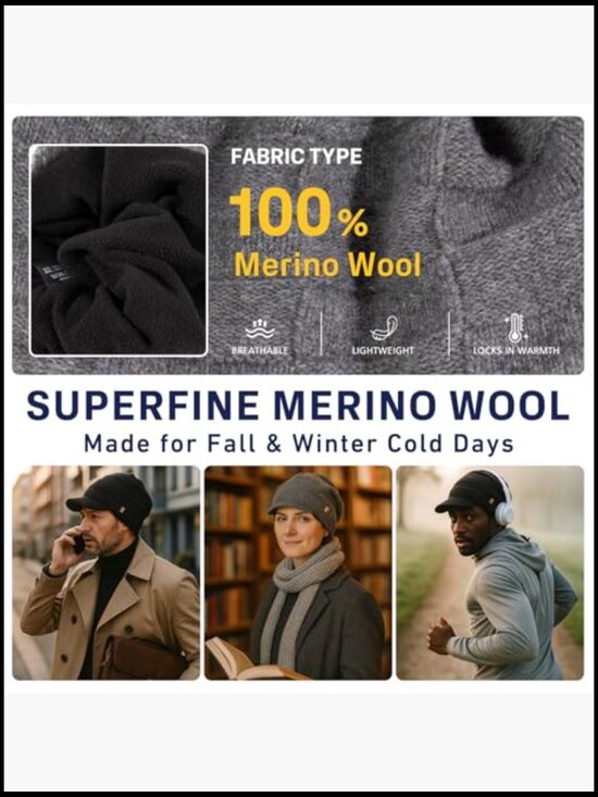 100% Merino Wool Fleece Lined Slouchy Beanie with Brim for Men Women